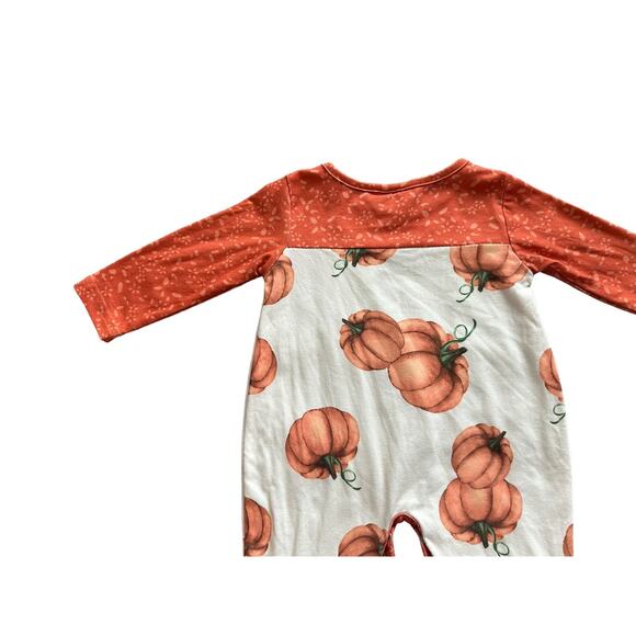 Babies 0-3 Months Long Sleeve Crew Neck Orange and Tan Pumpkin Ruffle Romper - Picture 12 of 14